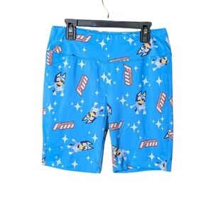 Bluey Shorts Blue Dog Cartoon Print White Stars Stretch Bicycle Yoga Workout